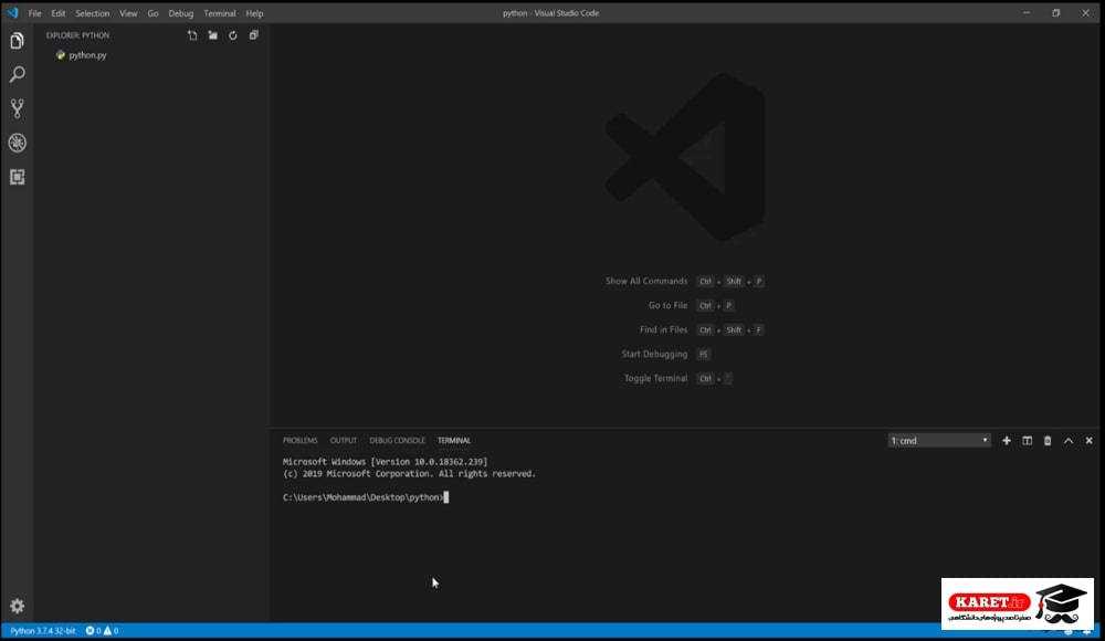زدن Ctrl و علامت back quotation (‍‍`) و باز شدن پنجره terminal